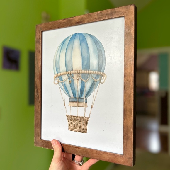 Vintage Rustic Wood Framed Blue Hot Air Balloon Wall Hanging Unique Decor Art - Picture 2 of 8